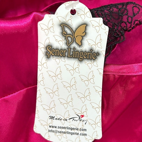 Sener Lingerie Pink Satin Black Lace Side Slit Nightgown NWT Size Medium - Picture 4 of 7
